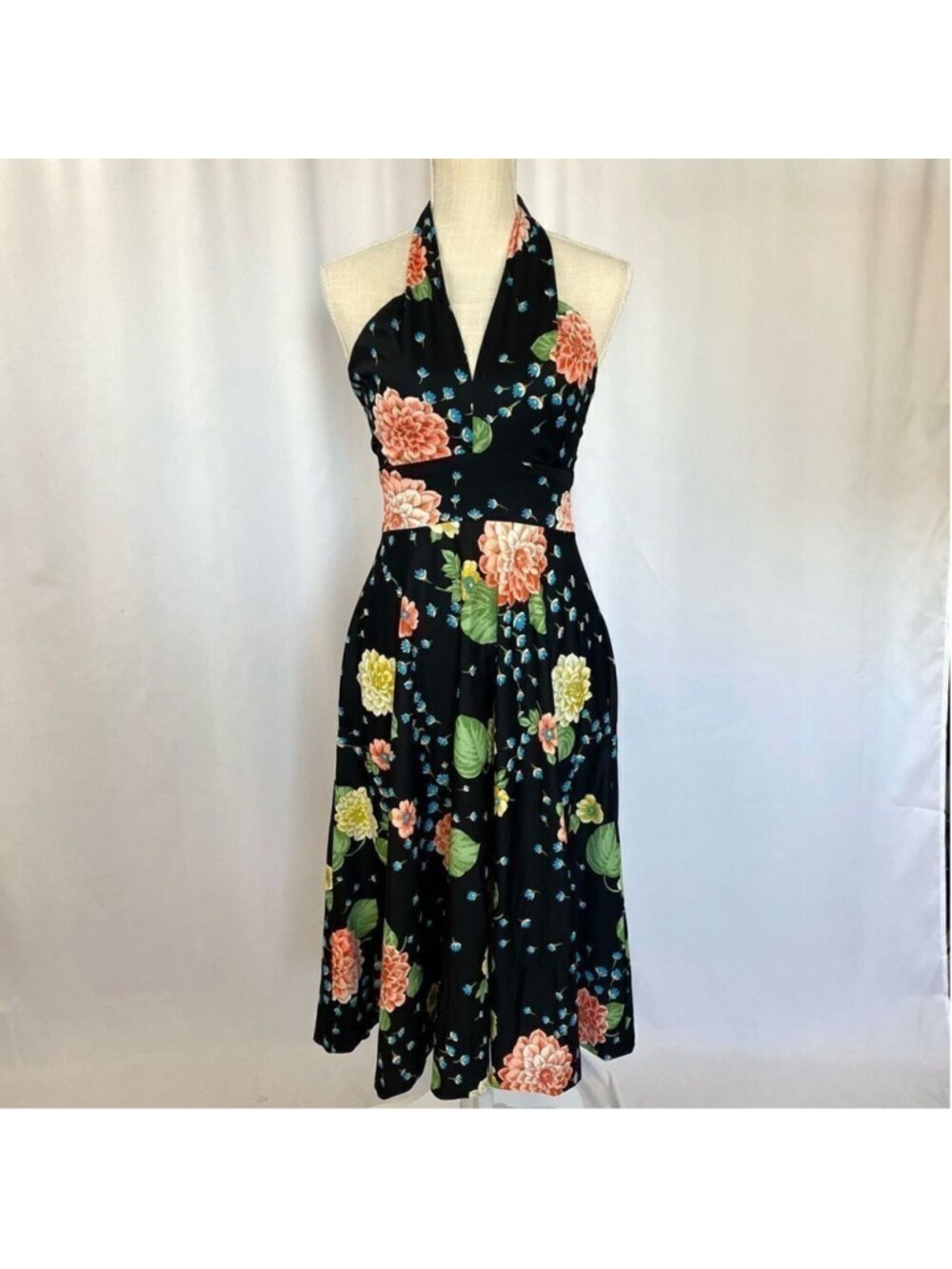 Vintage Designer Lillie Rubin Floral Halter Midi Dress Women’s XS-S Retro - Picture 9 of 14